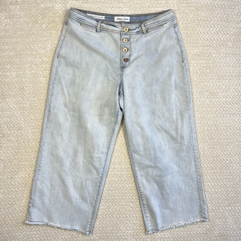 Tribal Jeans Audrey MidRise Wide Leg Crop Jeans Size 12 Raw Hem Coastal Festival